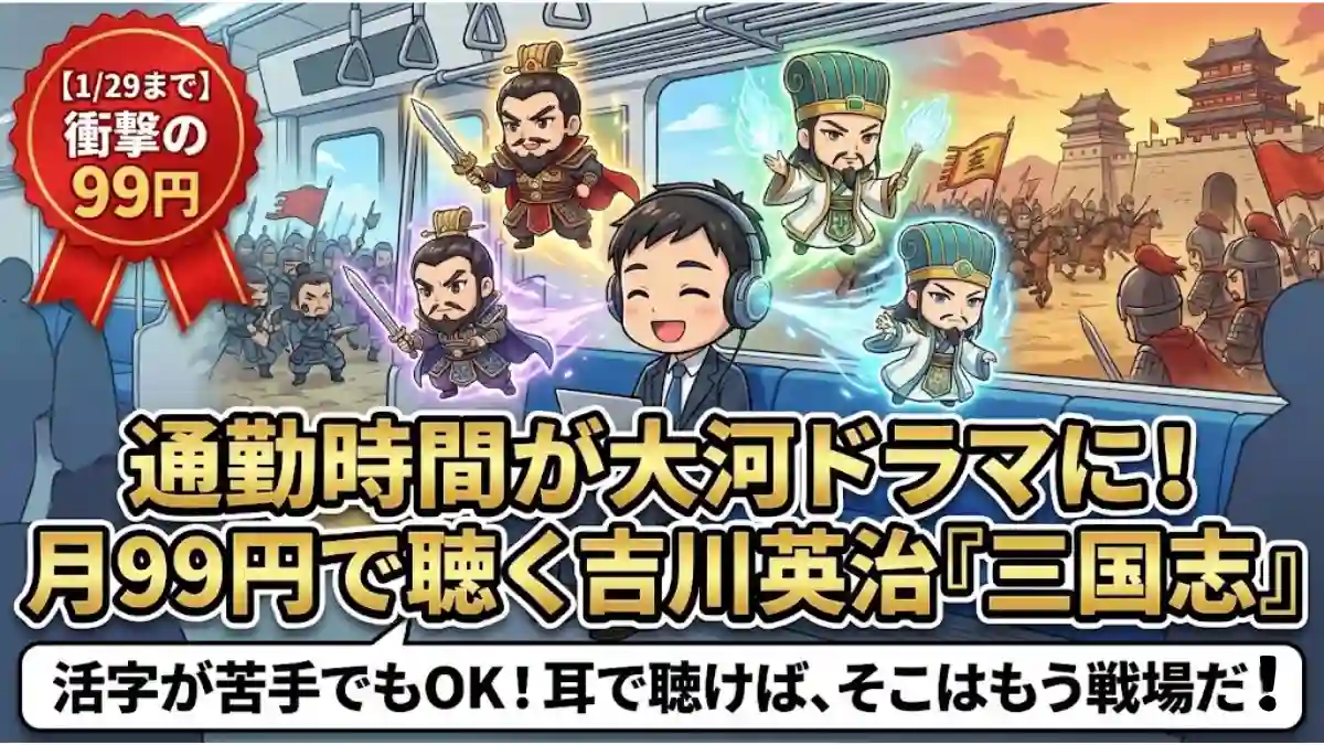 記事「Audibleで吉川英治『三国志』が月99円」のアイキャッチ画像。満員電車で疲れたサラリーマンが、耳から入る物語によって脳内で曹操たちが躍動する「大河ドラマ」体験をしている様子を描いたイラスト。1月29日までのキャンペーンで、通勤時間を至福の時に変える方法を解説。