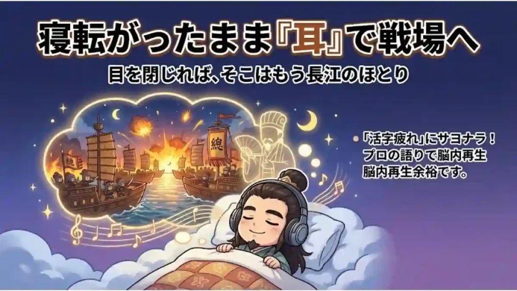 「寝転がったまま『耳』で戦場へ」と題した画像。布団でヘッドフォンをした孔明が、目を閉じて朗読を聴き、頭上に広がる長江の戦場の光景を想像している様子。プロの語りなら活字疲れせず、寝ながらでも物語の臨場感に没入できる「聴く読書」の贅沢さを表現した2Dアニメ風イラスト。