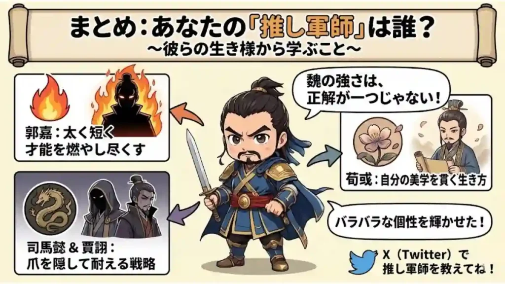 三国志・魏の軍師の生き様を比較するインフォグラフィック。中央のちびキャラ曹操を囲み、炎アイコンの「郭嘉:太く短く才能を燃やす」、龍の「司馬懿&賈詡:爪を隠して耐える」、花の「荀彧:美学を貫く」を紹介。曹操が多様な個性を活かしたことを示し、「正解は一つじゃない」「推し軍師は誰?」と問いかける内容。