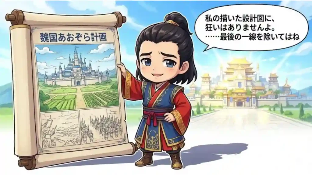 ちびキャラの荀彧が「魏国あおぞら計画」と記された巨大な設計図を広げ、輝く魏の都を背に立つイラスト。彼は誇らしさと寂しさが入り混じった笑顔で、「私の描いた設計図に、狂いはありませんよ。……最後の一線を除いてはね」と言っている。