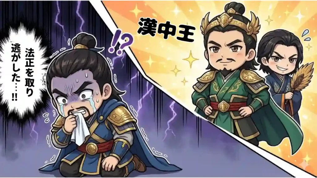曹操が「法正を取り逃がした」と悔しがり頭を抱える様子と、法正の補佐により「漢中王」として輝かしく即位する劉備の対比図。劉備の背後には策士・法正が不敵な笑みで控えており、彼が真の「キングメーカー」であることを象徴するコミカルな漫画風イラスト