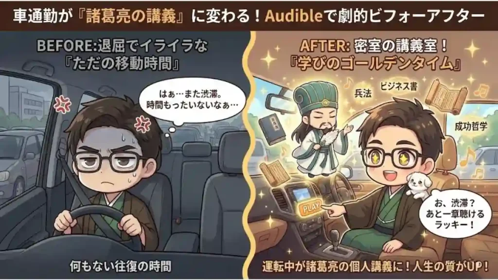「車通勤が諸葛亮の講義に変わる」ビフォーアフター図。左は渋滞でイライラする「たか」。右はAudible再生で車内が「講義室」に変わり、ミニ孔明の教えに目を輝かせる「たか」と愛犬メルを描写。渋滞すら「学びの機会」と喜ぶ劇的な変化を表現した、温かいアニメ調イラスト。