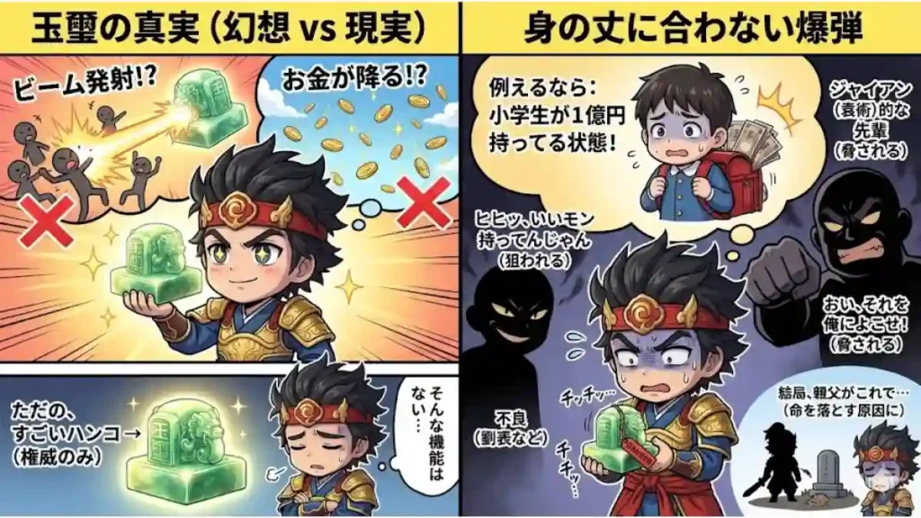 ちびキャラの孫策と、導火線がついた危険物として描かれた玉璽の図解イラスト。「玉璽は身の丈に合わない爆弾」という比喩を、大金を持った小学生が不良（劉表）やガキ大将（袁術）に狙われるコミカルな場面で表現。権威を持つことのリスクと、それが父・孫堅の死を招いた理由を視覚的に解説している。