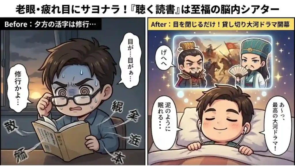 老眼・疲れ目にサヨナラ!『聴く読書』は至福の脳内シアター。左側は「Before」で、夕暮れ時に老眼鏡をかけた男性が活字に苦戦し、「目が…」と疲れている様子。右側は「After」で、イヤホンをした男性が布団でリラックスし、脳内で曹操や孔明が登場する三国志の物語を楽しんでいる。「最高の大河ドラマ!」と幸せそうな表情。