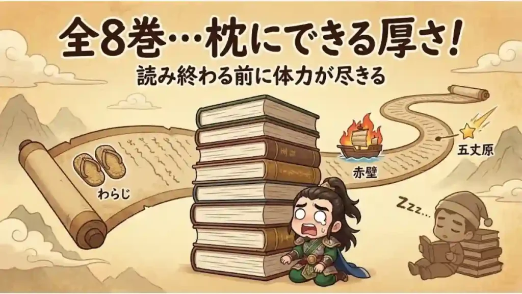 「全8巻…枕にできる厚さ!」の文字入り。山積みの分厚い本を前に白目を剥く劉備のちびキャラ。背景には「わらじ」から「五丈原」までの長い道のりが描かれ、三国志の物語が非常に長く、読み切る体力が尽きる悩みをコミカルに表現したブログ用インフォグラフィック。