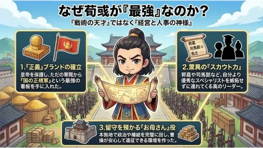 ちびキャラの荀彧が中央に立つ「なぜ荀彧が最強なのか」の解説図。彼を「経営と人事の神様」と位置づけ、1.皇帝擁立による「正義ブランド」の確立、2.郭嘉らを招いた驚異の「スカウト力」、3.本拠地を守る「お母さん役」という3つの理由が、アイコンとテキストで分かりやすく図解されている。