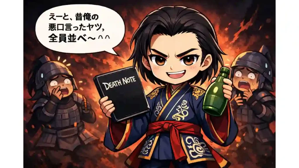 不敵な笑みを浮かべる法正を、漫画風ちびキャラの2Dアニメ調で描いたイラスト。片手に黒い帳面、もう片手に酒瓶を持ち、背後では一般兵たちが恐怖で震えている。吹き出しには復讐心あふれるセリフが描かれ、法正の冷酷さと知略家としての一面を強調している。