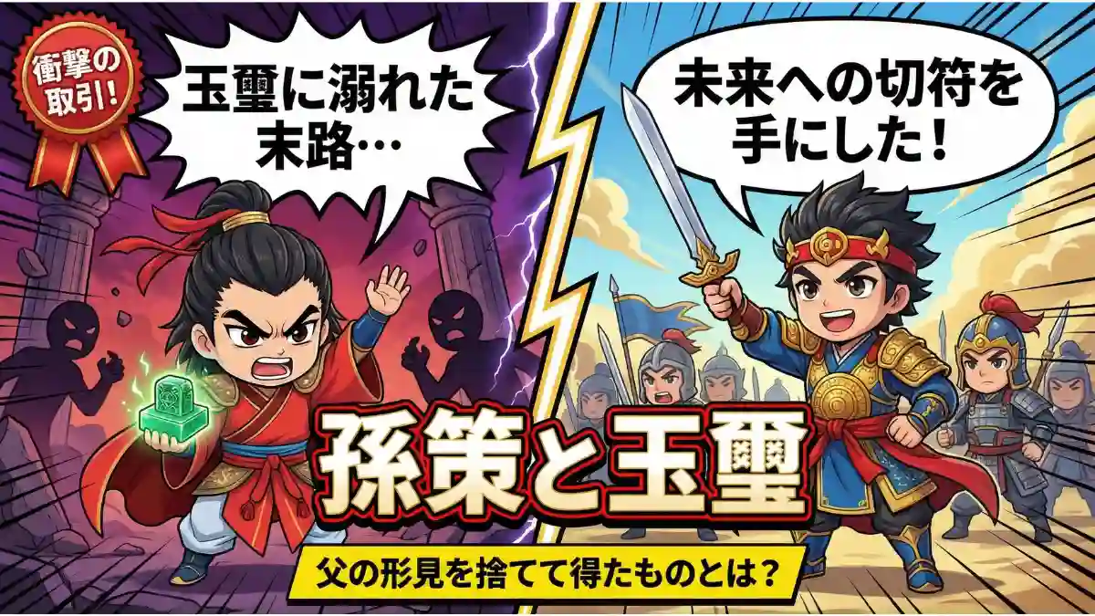 孫策が父の形見である玉璽を袁術に譲り、代わりに兵力を手に入れる「世紀の決断」を描いたブログ記事のアイキャッチ画像。一時の「名（玉璽）」を捨てて「実（兵力）」を選び、のちの呉の建国へと繋がる未来を切り開いた孫策の英断と、対照的な袁術の姿を表現している。