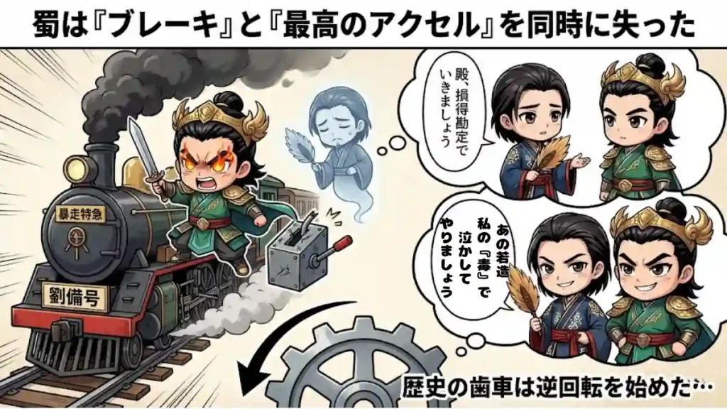 マンガ風インフォグラフィック。「蜀は『ブレーキ』と『最高のアクセル』を同時に失った」と題し、左側は法正を失い怒りで「暴走列車」と化した劉備と幽霊の法正。右側は法正が生きて劉備を諌める、または共謀する「IF」の思考。下部には「歴史の歯車は逆回転を始めた」の文字と逆回転する歯車が描かれている。