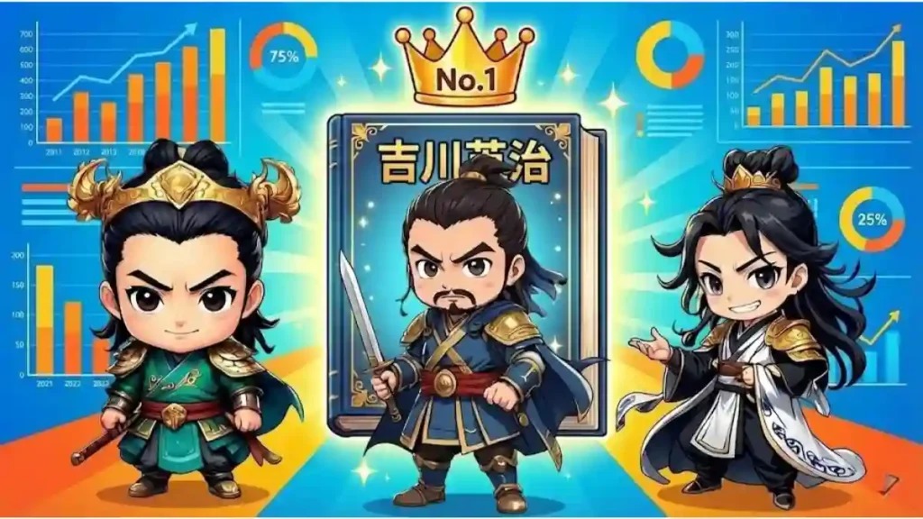 漫画風のちびキャラによるインフォグラフィック。中央に「No.1」の王冠が載った「吉川英治」と書かれた巨大な本があり、その前に青い鎧の曹操が剣を持って立つ。左側には緑の鎧の劉備、右側には白と黒の道服の孔明がおり、三人で本を紹介している。背景は青やオレンジのグラフやチャートで、人気やランキングを示唆している。