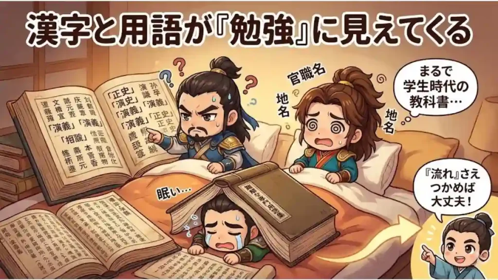 「漢字と用語が『勉強』に見えてくる」の文字入り。布団の中で難解な専門用語や漢字だらけの本に翻弄される三国志キャラ(曹操・孫権・劉備)のイラスト。地名や官職名が学生時代の教科書のように見えて眠くなる悩みをコミカルに表現した、ブログ見出し補足用の2Dアニメ調インフォグラフィック。