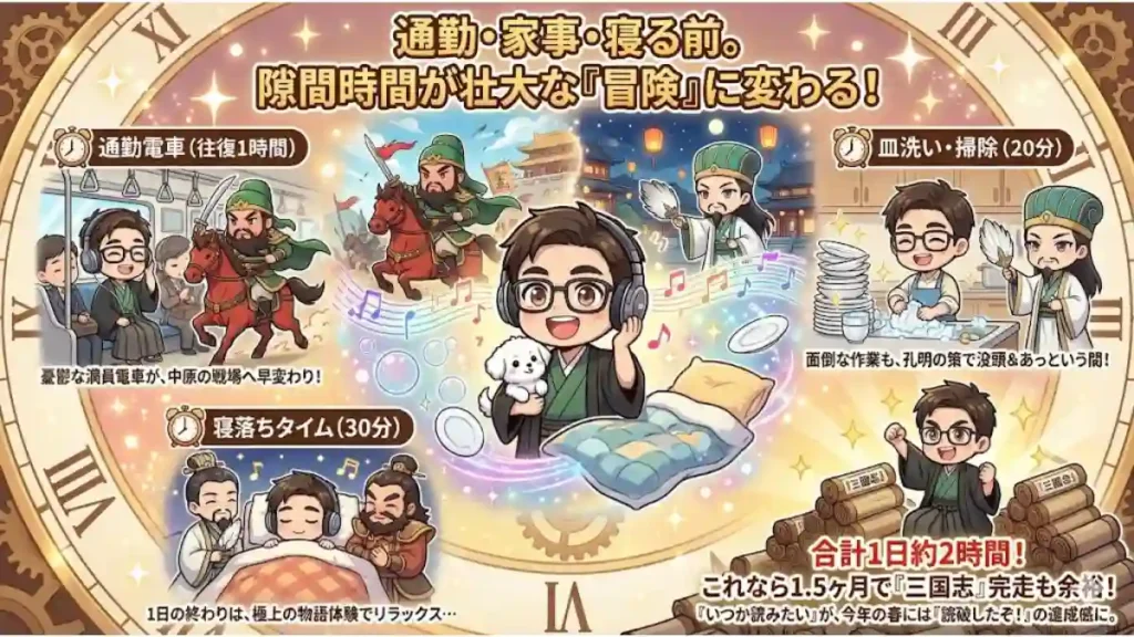 通勤・家事・寝る前の隙間時間を『三国志』の冒険に変える提案図。ヘッドホンをした「たか」を中心に、関羽との通勤、孔明との家事、武将に見守られる睡眠を時計盤の中で対比。1日計2時間の活用で1.5ヶ月での完走を目指す様子を、温かみのあるアニメ調で描いたインフォグラフィック。