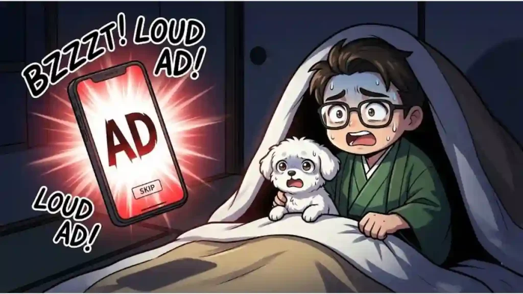 暗い寝室の布団で、緑の着物を着た眼鏡の男性と白い子犬が、スマホの眩しい「広告」と爆音に驚愕している2Dアニメ調のイラスト。画面の『AD』文字と強い光に、安眠を妨げられ飛び起きるコミカルなシーン。