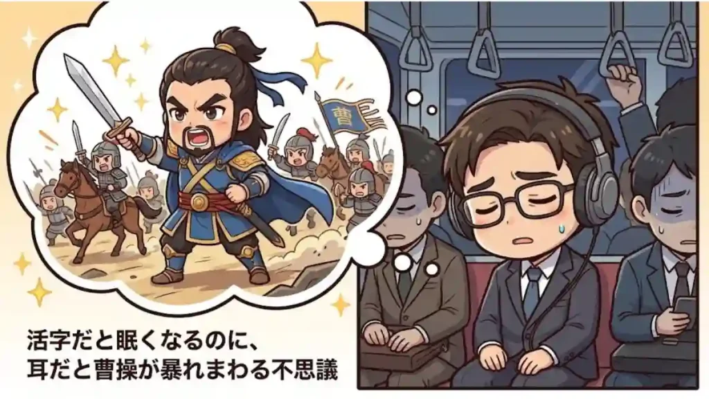 満員電車で疲れ切って眠るたかと、イヤホンから流れる音声によって脳内で生き生きと躍動する曹操の対比イラスト。漫画風の2Dアニメ調。画像内の文字：「活字だと眠くなるのに、耳だと曹操が暴れまわる不思議」。聴く読書の没入感を表現。