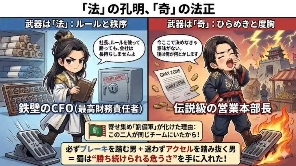 「法」の孔明と「奇」の法正の役割分担を解説する図解イラスト。真面目な顔でルールを説く孔明（CFO役）と、あくびをして余裕を見せる法正（営業本部長役）を対比させ、ブレーキとアクセルを両立させた蜀の組織としての強さを表現しています。