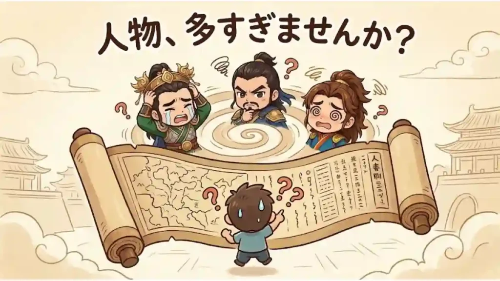巻物を前に困惑する読者と、その上で目を回す三国志のちびキャラ(劉備、曹操、孫権)のイラスト。「人物、多すぎませんか?」のテキスト入り。登場人物が多くて物語が理解しにくい悩みをコミカルに表現した、ブログの見出し補足用画像。