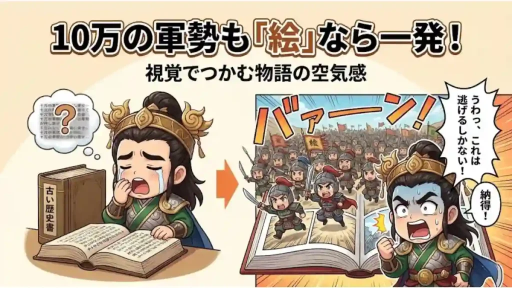「10万の軍勢も『絵』なら一発!」と題した画像。左側は活字だけの本で眠そうなちびキャラの劉備、右側は漫画から飛び出す大軍の絵を見て「これは逃げるしかない!」と即座に状況を理解し驚く劉備の対比。文字より漫画の方が物語の空気感を直感的に掴めることを表現しています。