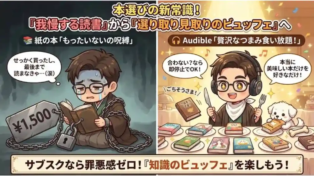 「我慢する読書」とAudibleの「本のビュッフェ」の比較図。左は1500円の値札の鎖に縛られ泣く和装の「たか」、右はヘッドホンを装着し愛犬「める」と本のビュッフェを笑顔で楽しむ「たか」を描く。サブスクで自由に読書を楽しむ変化を表現した、温かみのある2Dアニメ調のイラスト。