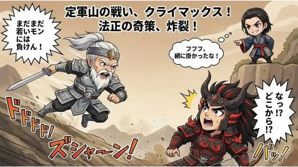 定軍山の戦いで法正の奇策が炸裂した瞬間の漫画風イラスト。崖上の法正が「網に掛かったな」と合図し、老将・黄忠が「若いモンには負けん」と急襲。敵将・夏侯淵が「なっ！？どこから！？」と驚愕する様子を、迫力ある効果音と吹き出し付きで描いたイラストです。