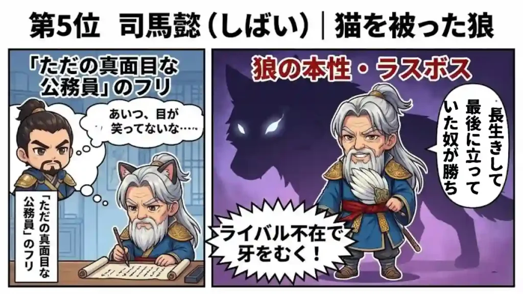 「第5位 司馬懿|猫を被った狼」と題した図解。左側では猫耳をつけた司馬懿が真面目な公務員を装い、曹操が「目が笑ってない」と警戒している。右側ではライバル不在となり本性を現した司馬懿が、背後に巨大な狼の影を背負い不敵に笑いながら「長生きして、最後まで立っていた奴が勝ち」と語っている。