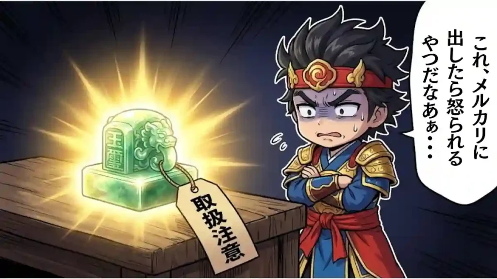 暗い部屋で腕組みをして悩むちびキャラの孫策のイラスト。机の上では皇帝の証である玉璽がまぶしく光り輝いており、「取扱注意」というタグが付いている。孫策の横には「これ、メルカリに出したら怒られるやつだなあ……」という吹き出しがあり、処遇に困り果てている様子。