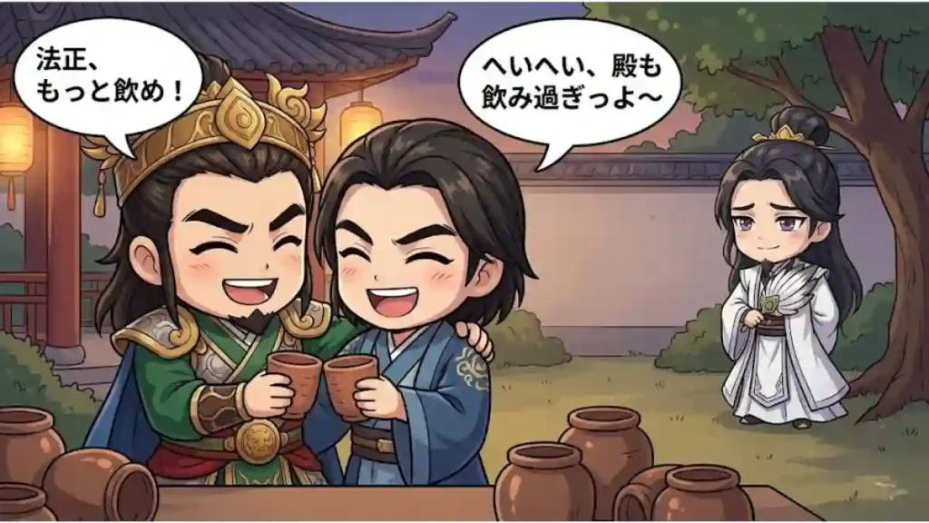 親友のように酒を酌み交わす劉備と法正、それを遠くから少し寂しそうに見守る孔明のイラスト。劉備が法正に心を許していた理由が、孔明にはない「気兼ねなさ」にあったことを示唆しており、君主と軍師という枠を超えた人間味あふれる距離感を描いています。