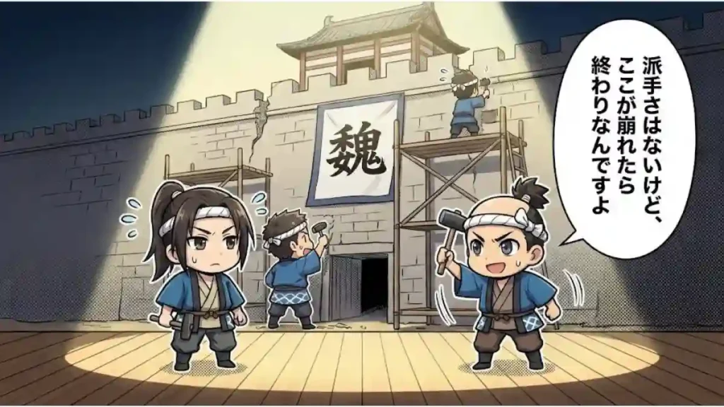 漫画風のちびキャラ軍師たちが、大工の姿で「魏」と書かれた巨大な城壁や土台をせっせと修理している2Dアニメ調イラスト。「派手さはないけど、ここが崩れたら終わりなんですよ」という吹き出しがあり、スポットライトが当たらない場所で曹操軍の覇道を支え続けた、満寵や程昱ら実務派スペシャリストの堅実な働きを象徴している。