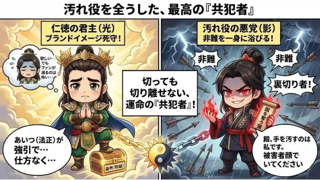 「汚れ役」を引き受ける法正と、それにより「仁徳の君主」の地位を守る劉備を描いた図解。法正が悪名を一身に背負うことで、劉備は手を汚さずに利益を得るという「共犯関係」を表現。光と影のように互いを必要とした、きれいごとではない二人の戦略的な絆を示唆しています。