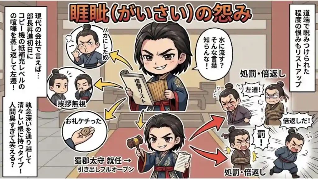 三国志の人物・法正の逸話「睚眦（がいさい）の怨み」を解説する漫画風インフォグラフィック。不敵な笑みを浮かべた法正が「復讐リスト」を手に、過去に自分をバカにしたり挨拶を無視したりした人々を、権力を得た後に次々と「処罰・倍返し」している様子が描かれている。現代の会社でのたとえ話や、彼の執念深く人間臭い性格についての説明テキストも添えられている