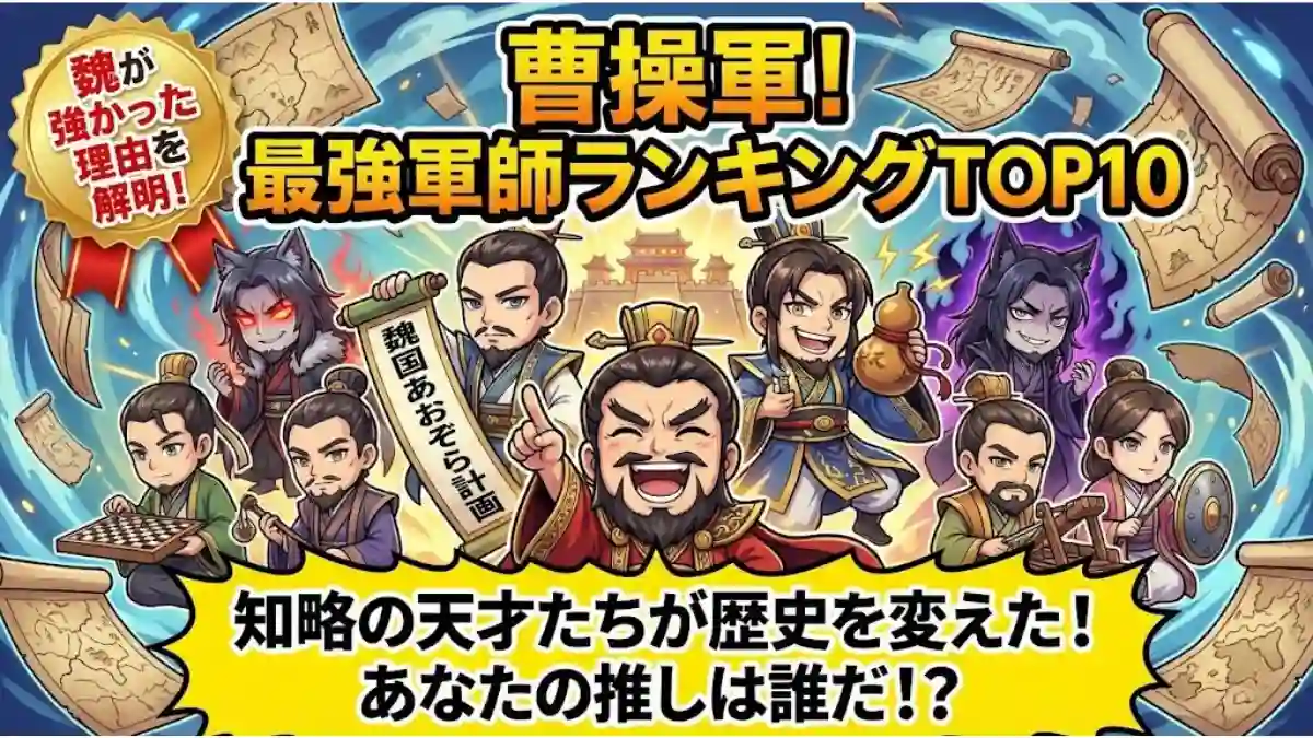 ブログ記事「【曹操軍】最強軍師ランキングTOP10」のアイキャッチ画像。中央で豪快に笑う曹操と、荀彧・郭嘉・司馬懿ら個性豊かな魏の軍師たちがちびキャラで勢揃いしている。「魏が強かった理由を解明」「知略の天才たちが歴史を変えた」というキャッチコピーが入った、賑やかな漫画風イラスト。
