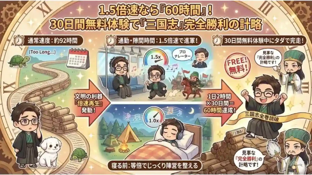 1.5倍速再生で『三国志』を効率的に読破する計略の図。通常92時間を60時間に短縮し、1日2時間の隙間活用でAudible無料体験中の完走を目指す。たかさんや孔明が、通勤時の倍速と就寝前の等倍の使い分けを楽しく紹介する様子を描いた、温かみのあるアニメ風インフォグラフィック。