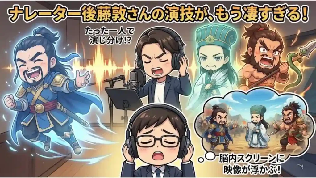 Audible版『三国志』のナレーター後藤敦さんがマイクの前で熱演し、曹操、孔明、張飛などの武将をたった一人で見事に演じ分けているイラスト。その声をヘッドホンで聴く男性が、目を閉じて脳内に広がる壮大な物語の映像に没入している様子が描かれています。