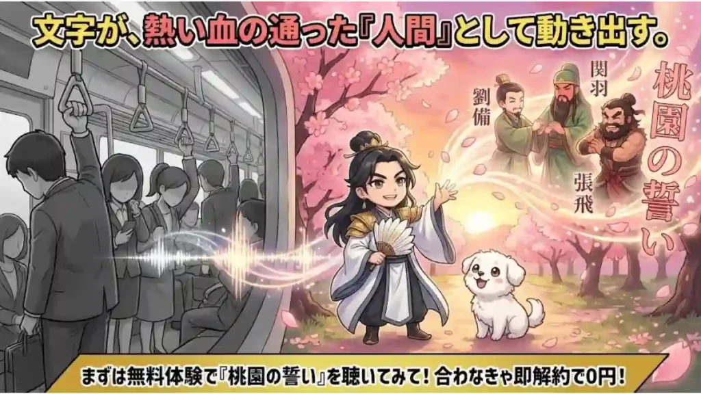 無機質な通勤電車の光景が、鮮やかな「桃園の誓い」のシーンへと変わる対比図。羽扇を振る軍師・孔明と、それを見守る愛犬「める」を描いています。Audibleで活字が血の通った人間として動き出す感動を表現。30日間無料体験の魅力を伝える、温かみのある2Dアニメ調画像。