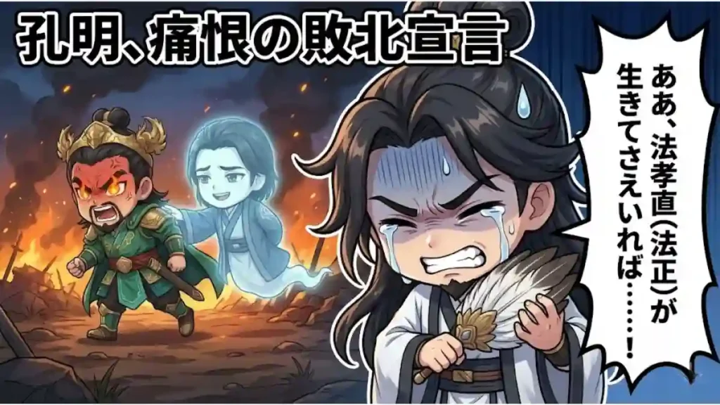 夷陵の戦いの敗報を聞き「法正がいれば」と悔し泣きする諸葛亮孔明のイラスト。背景には、激怒する劉備を幽霊の法正がなだめる想像図が描かれている。三国志ブログ記事「孔明、痛恨の敗北宣言」のアイキャッチ画像。