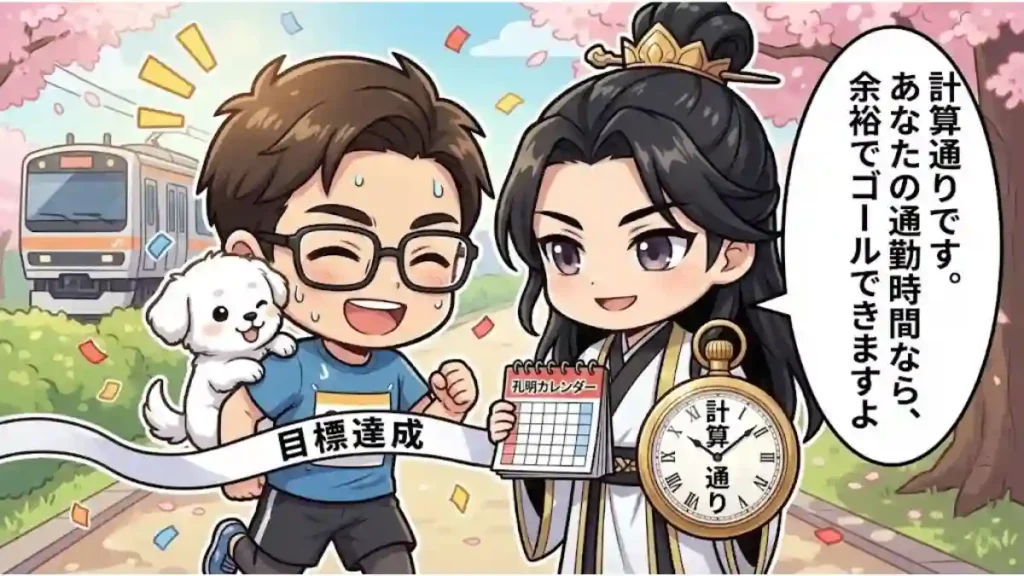 「計算通りです。あなたの通勤時間なら、余裕でゴールできますよ」と話す孔明が、カレンダーと懐中時計を手に笑顔で迎える中、ランニングウェア姿のちびキャラたかさんが「目標達成」のゴールテープを切るイラスト。背景は桜が咲く春の並木道と電車で、紙吹雪が舞い祝福されている温かい雰囲気のアニメ調画像。