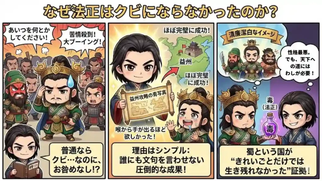 「なぜ法正はクビにならなかったのか？」を解説する3コマ漫画風図解。左コマで法正への苦情殺到に困る劉備、中コマで益州攻略という圧倒的成果を出し文句を黙らせる法正、右コマで「きれいごとだけでは生き残れない」蜀のリアルとして毒（法正）を受け入れる劉備を描いています。