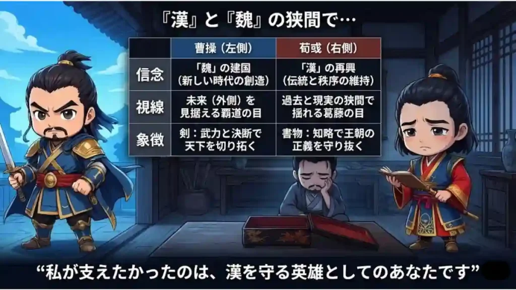 曹操と荀彧の対比インフォグラフィック。左に覇道の曹操、右に葛藤する荀彧、中央に空の弁当箱を配置。表で二人の信念・視線・象徴を比較し、「私が支えたかったのは、漢を守る英雄としてのあなたです」というセリフを添えて、漢と魏の狭間で志が分かれた二人の決別を描いたちびキャラ風イラスト。