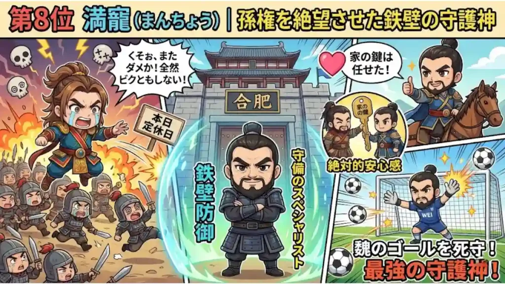 三国志の武将・満寵を紹介するインフォグラフィック。合肥を死守する満寵を中心に、絶望する孫権、信頼して鍵を預ける曹操、サッカーキーパー姿の比喩をちびキャラで描画。タイトル「第8位 満寵|孫権を絶望させた鉄壁の守護神」を含み、ブログ記事の内容を視覚化したコミカルで親しみやすいイラスト。