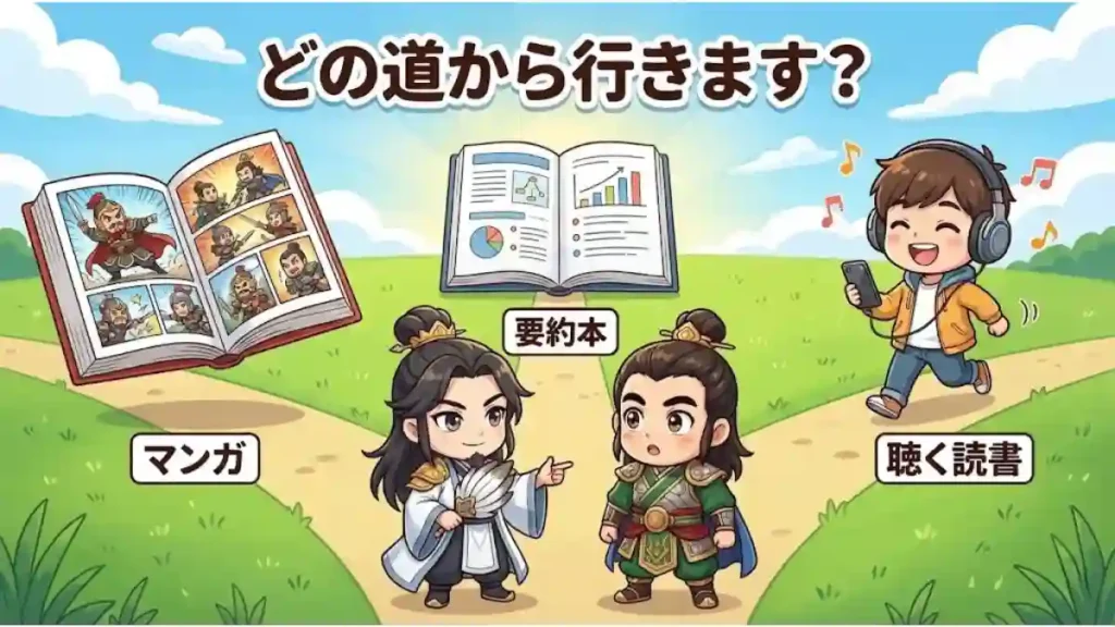 「どの道から行きます?」の文字入り。諸葛亮と劉備のちびキャラが、三国志を楽しむための3つの解決策(マンガ・要約本・聴く読書)を三叉路で案内するイラスト。難解な物語への入り口を明るく提示した、ブログ見出し補足用の2Dアニメ調インフォグラフィック。