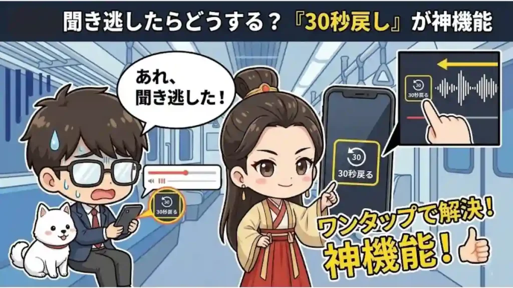見出しは「聞き逃したらどうする？『30秒戻し』が神機能」。電車内でAudibleを聞き逃し焦るちびキャラ「たか」と犬に対し、ちびキャラ「孔明」がスマホ画面の「30秒戻る」ボタンを指差し、ワンタップで解決できると解説。「神機能！」と強調する漫画風インフォグラフィックイラスト。