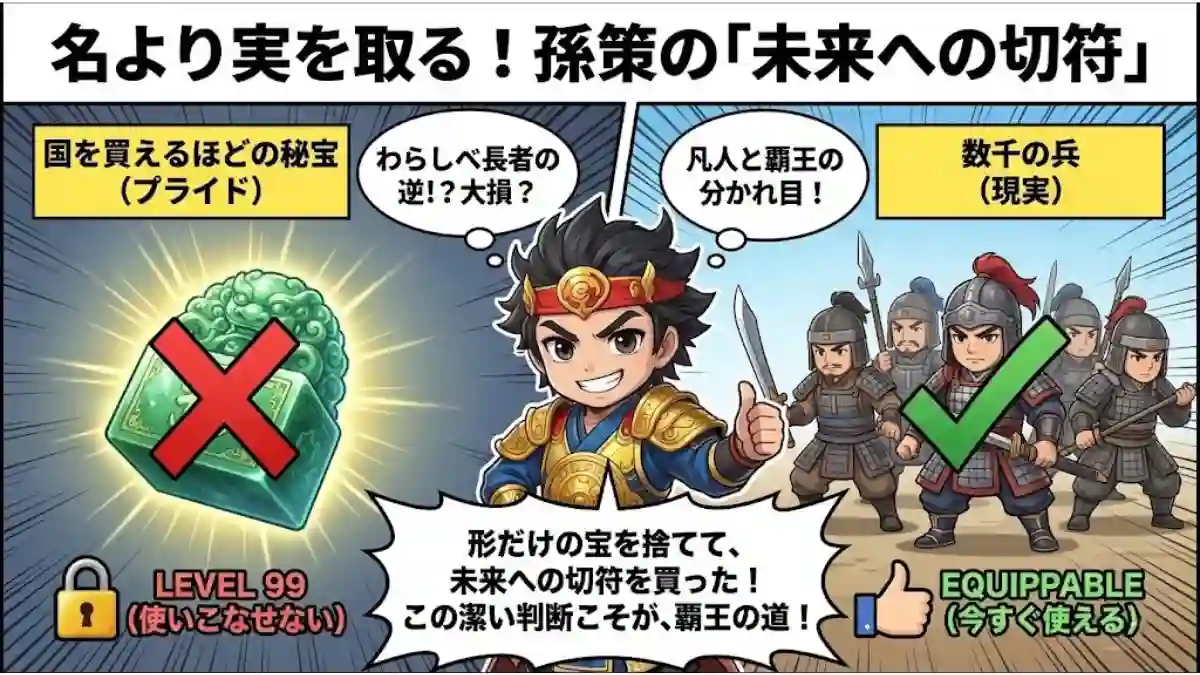 孫策が玉璽より兵力を選ぶ様子を描いたRPG風イラスト。左の「レベル不足の最強装備」である玉璽には×印、右の「今すぐ使える初期装備」である兵士にはチェック印がある。孫策はプライドよりも現実的な戦力を選び、ニヤリと笑っている。「名より実を取る」戦略的判断を視覚化したブログ用ヘッダー画像。