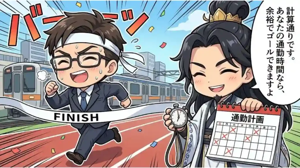 漫画風2Dアニメイラスト。スーツにハチマキ姿のちびキャラ男性が「FINISH」テープを切りゴール。隣で軍師風のちびキャラ孔明がストップウォッチと「通勤計画」カレンダーを手に笑顔で「計算通りです。あなたの通勤時間なら、余裕でゴールできますよ」と語りかける。背景は電車とビル。通勤を題材にしたコミカルな場面。
