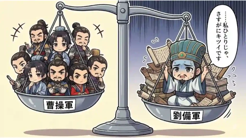 漫画風のちびキャラアニメ調イラスト。天秤の左皿「曹操軍」には荀彧、郭嘉、賈詡ら大勢の軍師が乗り安定している。一方、右皿「劉備軍」では孔明一人が山積みの書類に埋もれ、皿が大きく傾いて苦しそう。「私ひとりじゃ、さすがにキツイです」と嘆いており、曹操軍の厚い人材層と孔明の孤軍奮闘ぶりを対比させている。