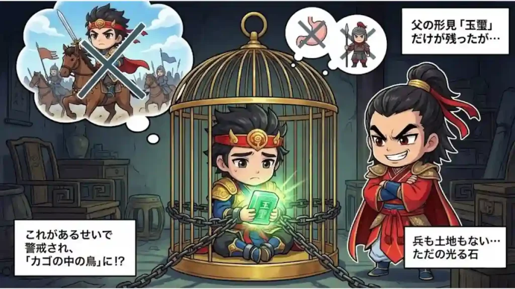 鳥かごに閉じ込められたちびキャラの孫策が、光る玉璽を悲しげに見つめるイラスト。檻の外では袁術が監視しており、玉璽を持っているがゆえに警戒され、自由を奪われている「カゴの中の鳥」状態を表現。宝が逆に足かせになっている皮肉な状況を描いた図解。