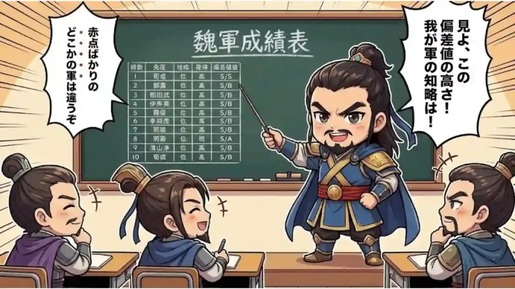 漫画風のちびキャラ曹操が、教室の黒板に書かれた「魏軍成績表」を得意げに指し棒で示しているイラスト。曹操は「見よ、この偏差値の高さ!我が軍の知略は!」と叫びながら、「赤点ばかりのどこかの軍は違うぞ」とライバルを皮肉っている。その様子を軍師たちが机に座って笑顔で見守っており、曹操軍の圧倒的な人材力と組織の明るさを表現している。