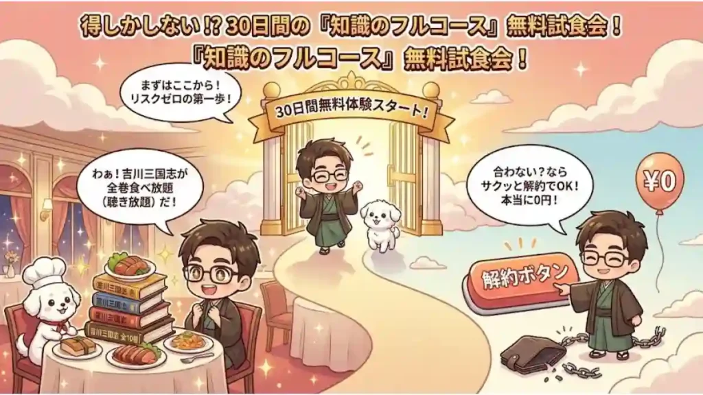 Audible無料体験の流れを示す図。黄金の門を通り、吉川三国志をフルコースとして楽しむ和装の「たか」と愛犬「める」、合わなければ笑顔で解約し0円で終える様子を描く。リスクなく試せる魅力を伝える、温かみのある2Dアニメ調画像。