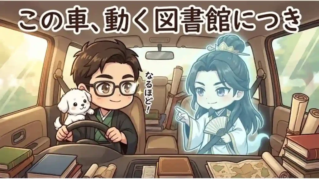 「この車、動く図書館につき」というテロップと共に、運転席で「なるほど!」と頷くたかさんと、助手席で教えを説く半透明の孔明を描いたイラスト。車内に本や巻物が積まれ、通勤中の車内が学びの場(図書館)に変わっている様子を表現した、温かみのある2Dアニメ調の画像。