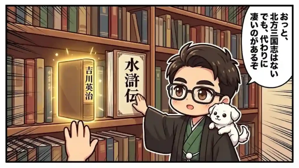 ちびキャラの男性が犬を連れて本棚の前に立ち、探していた「北方三国志」がないことに驚くが、代わりに「吉川英治」と光る本と大きな「水滸伝」の本を見つけて「凄いのがあるぞ」と喜んでいる漫画風イラスト。