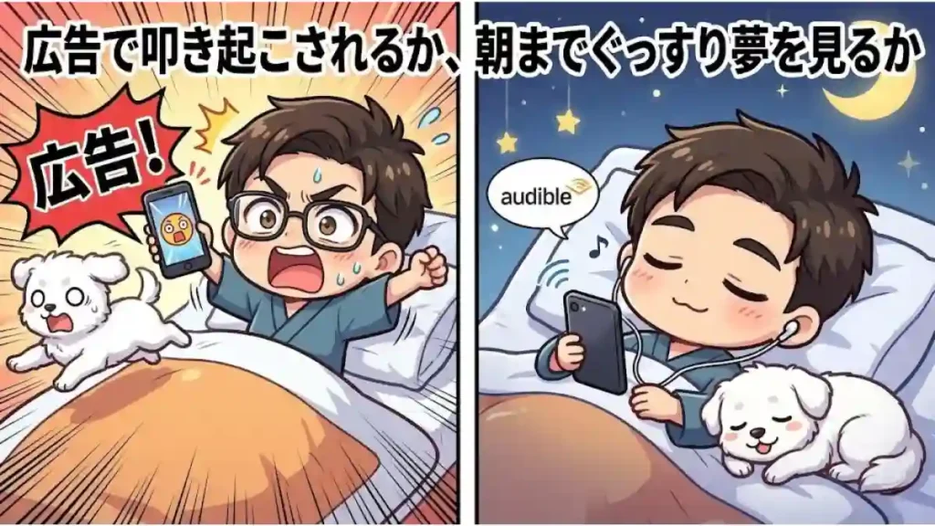 左右に分割された漫画風イラスト。左側は布団でYouTube視聴中に突然の広告音に驚き、眼鏡の男性と白い犬が飛び起きる様子。右側はAudibleを聴きながら画面を消し、二人とも安らかに眠っている様子。上部に「広告で叩き起こされるか、朝までぐっすり夢を見るか」のテキスト。