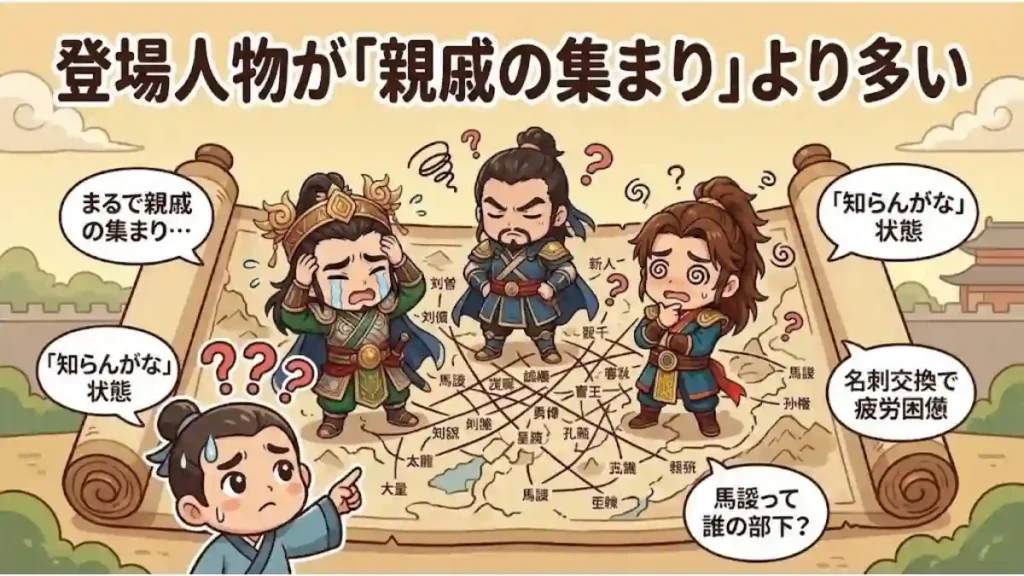 「登場人物が『親戚の集まり』より多い」のテキスト入り。複雑な相関図を前に困惑する読者と、目を回す三国志キャラ(劉備・曹操・孫権)のイラスト。キャラが多すぎて物語が難解なことをコミカルに表現した、ブログ見出し補足用の2Dアニメ調インフォグラフィック。